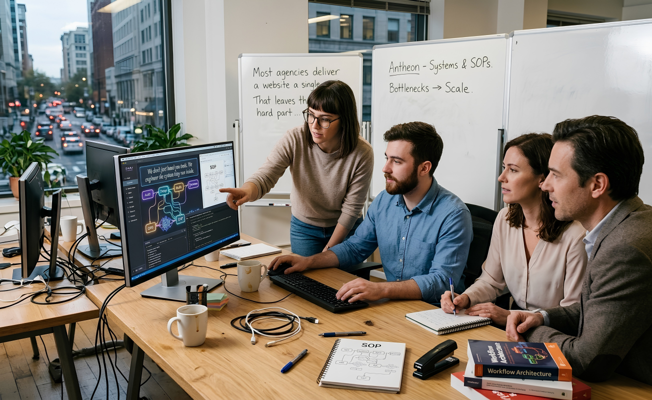 Antheon team mapping a client's SOPs and systems on a whiteboard