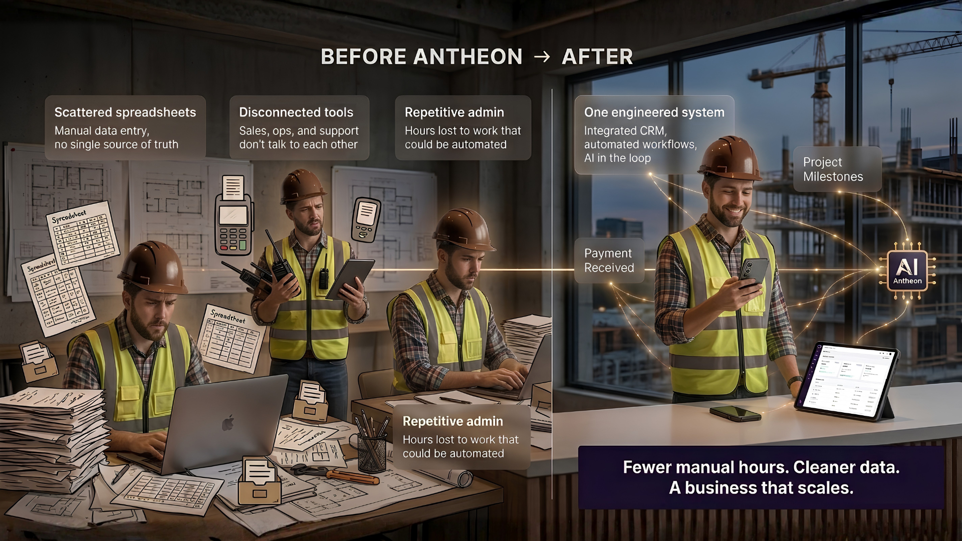 Before Antheon: scattered spreadsheets and disconnected tools. After Antheon: one engineered system with integrated CRM, automated workflows, and AI in the loop.